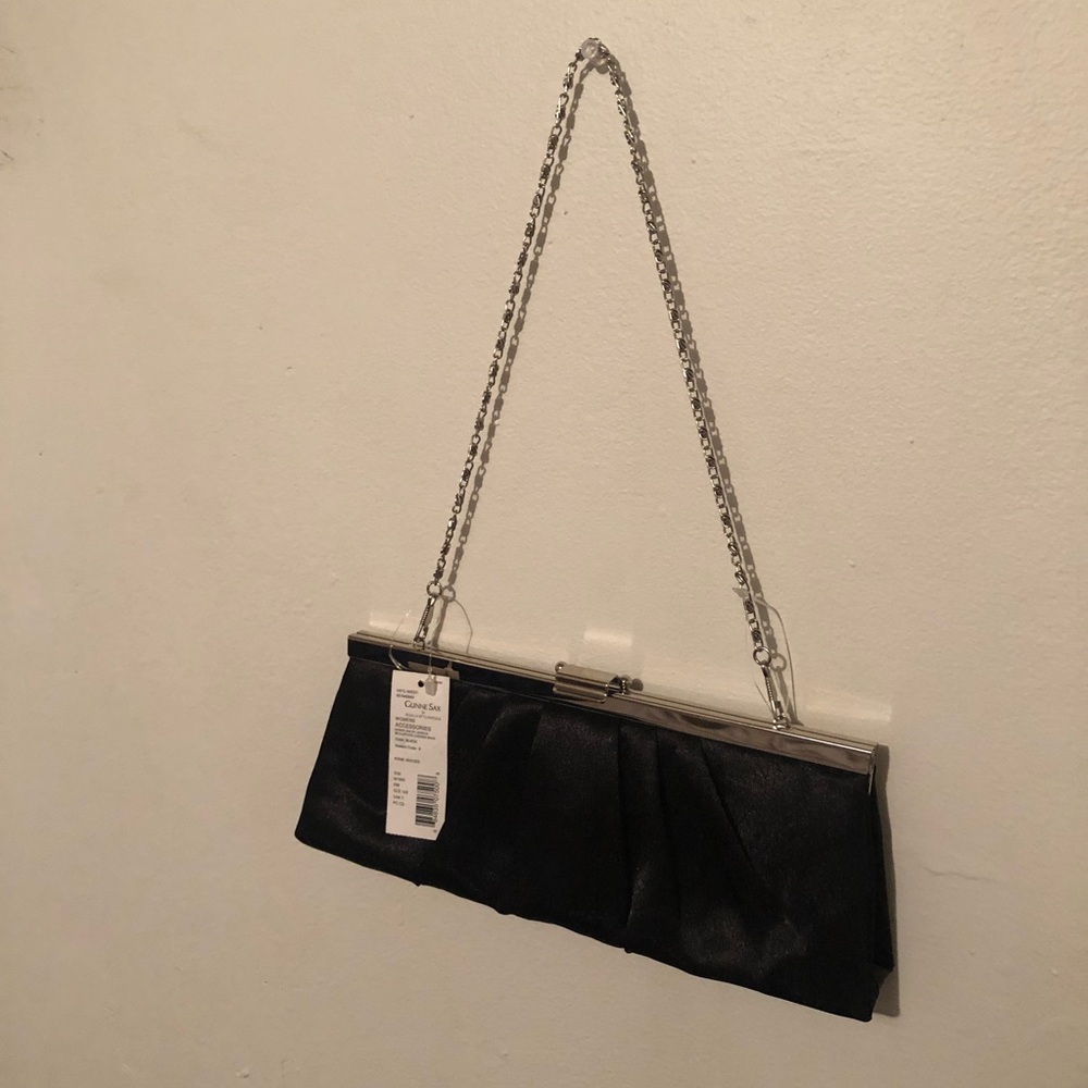 Gunne Sax black satiny clutch/purse w/ silver